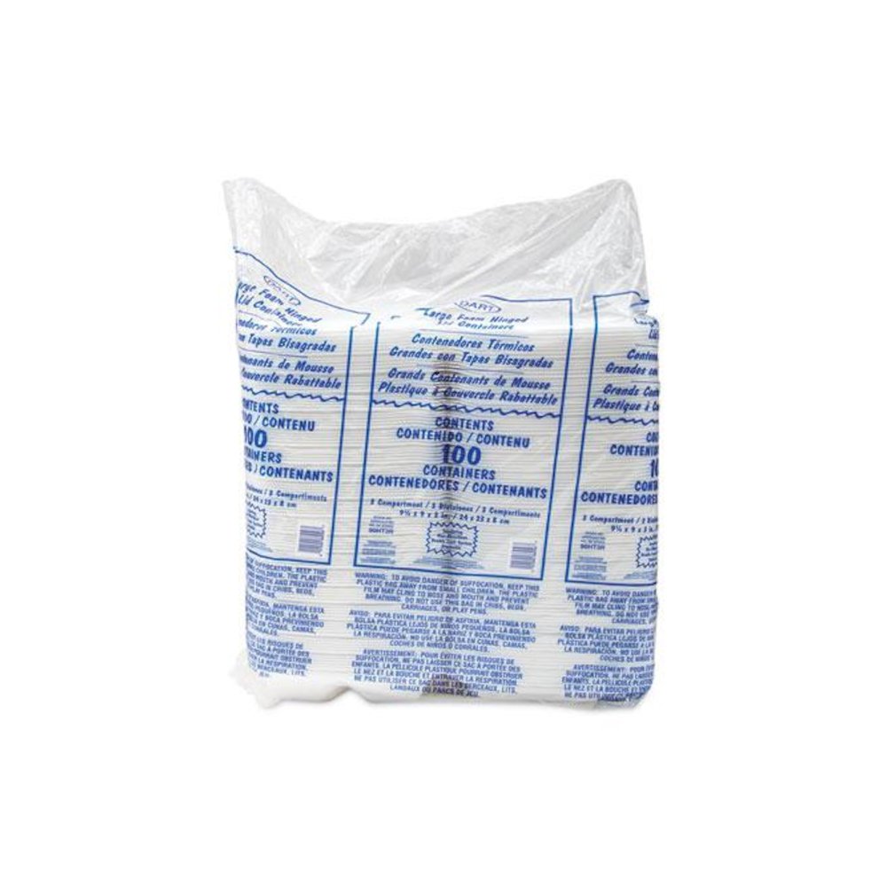 Foam Hinged Lid Container, 3 Compartments, 8 oz, 9 x 9.4 x 3, White, 100/Sleeve, 2 Sleeves/Carton. Picture 4