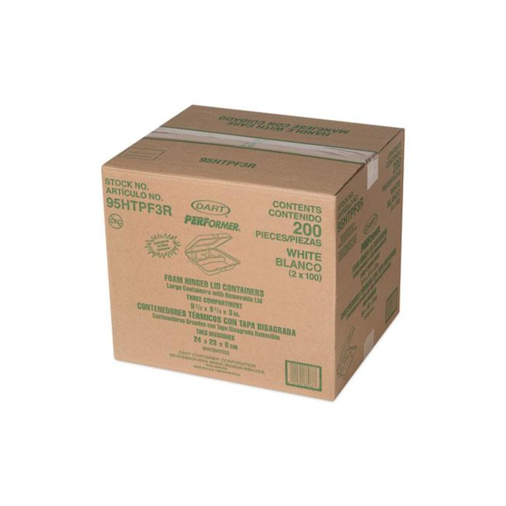Foam Hinged Lid Container, 3 Compartments, 9.3 x 9.5 x 3, White, 100/Bag, 2 Bag/Carton. Picture 2
