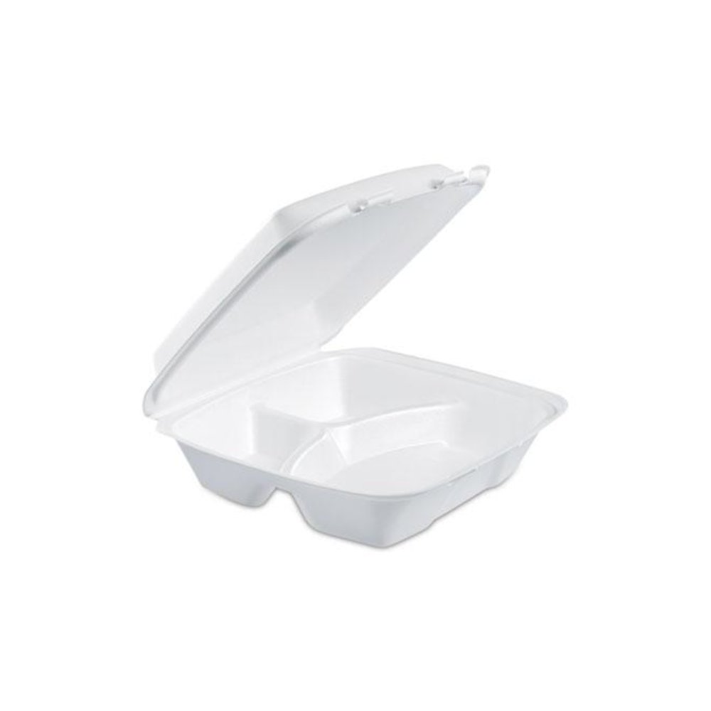 Foam Hinged Lid Container, 3 Compartments, 8 oz, 9 x 9.4 x 3, White, 100/Sleeve, 2 Sleeves/Carton. Picture 2