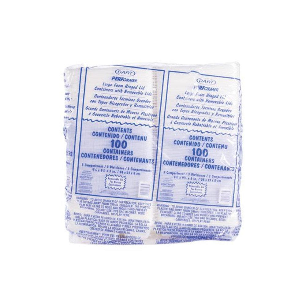 Foam Hinged Lid Container, 3 Compartments, 9.3 x 9.5 x 3, White, 100/Bag, 2 Bag/Carton. Picture 3
