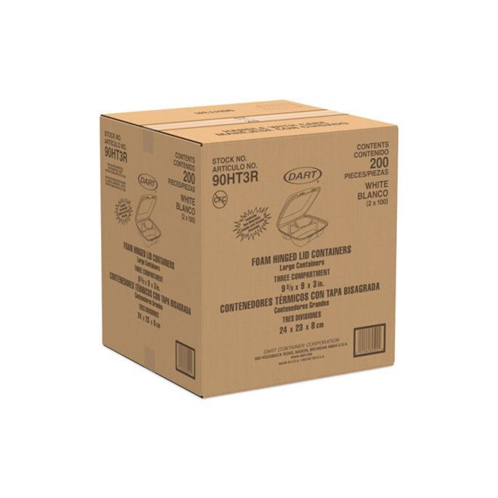 Foam Hinged Lid Container, 3 Compartments, 8 oz, 9 x 9.4 x 3, White, 100/Sleeve, 2 Sleeves/Carton. Picture 3