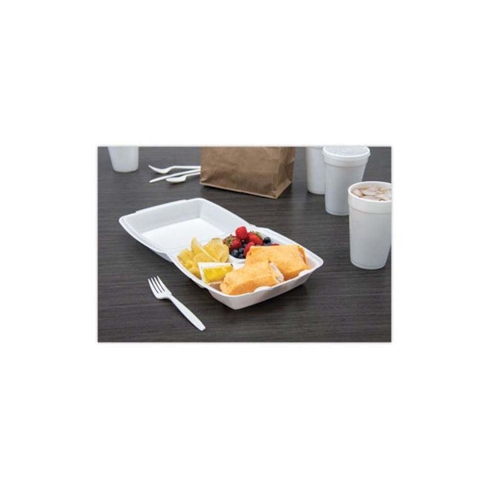 Foam Hinged Lid Container, 3 Compartments, 8 oz, 9 x 9.4 x 3, White, 100/Sleeve, 2 Sleeves/Carton. Picture 6