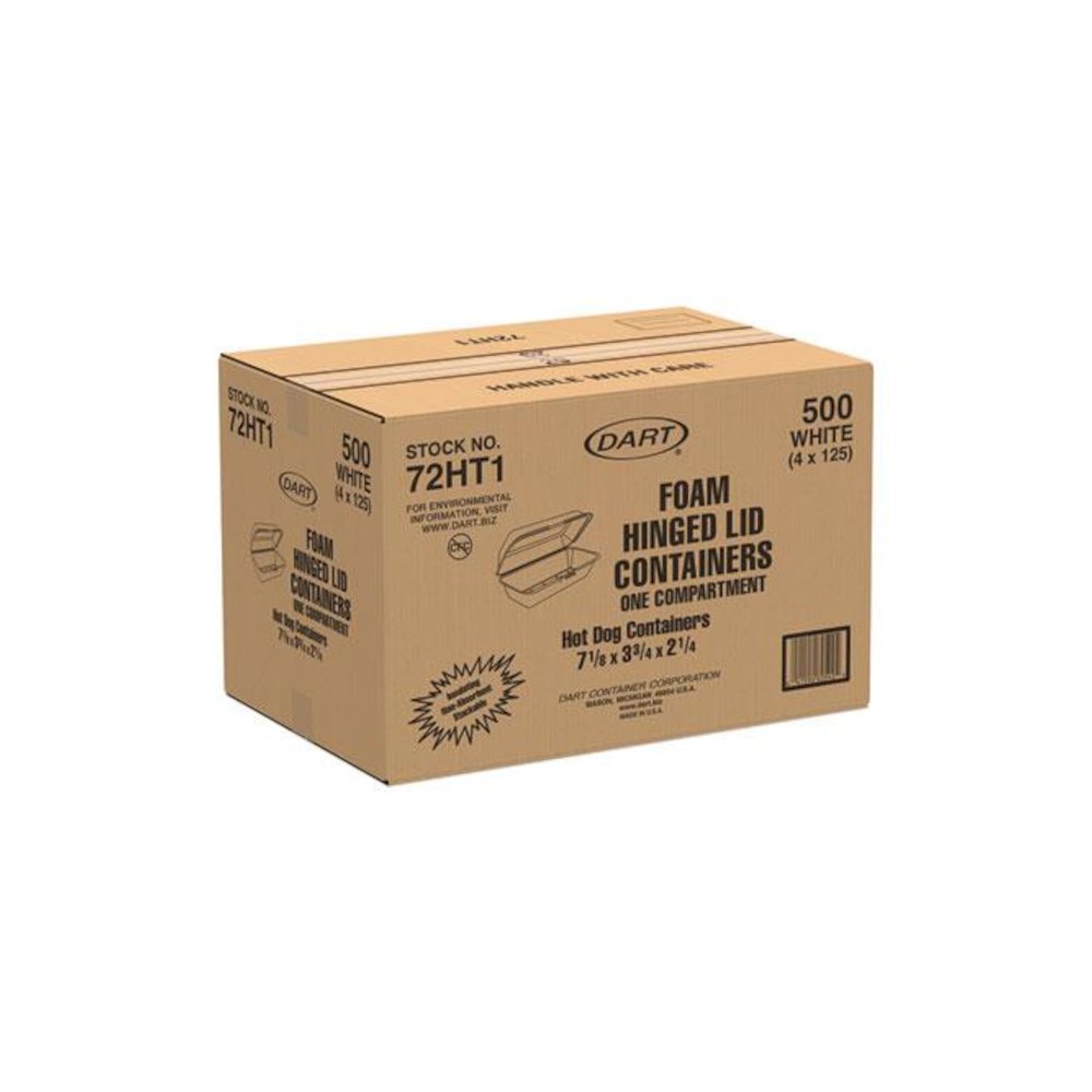Foam Hinged Lid Container, Hot Dog Container, 3.8 x 7.1 x 2.3, White, 125/Bag, 4 Bags/Carton. Picture 2