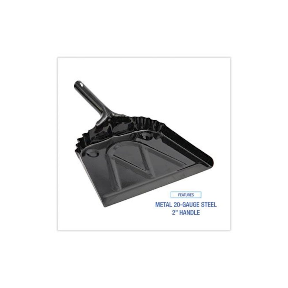 Metal Dust Pan, 12 x 14, 5" Handle, 20-Gauge Steel, Black, 12/Carton. Picture 3