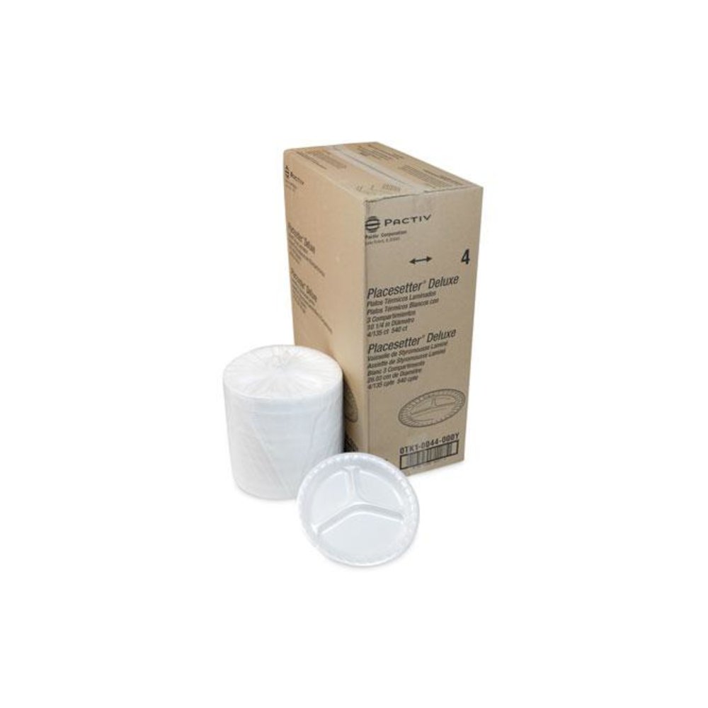 Placesetter Deluxe Laminated Foam Dinnerware, 3-Compartment Plate, 10.25" dia, White, 540/Carton. Picture 4