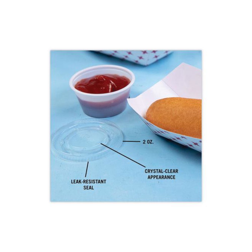 Plastic Portion Cup Lid, Fits 1.5 oz to 2.5 oz Portion Cups, Clear, 100/Pack, 24 Packs/Carton. Picture 9