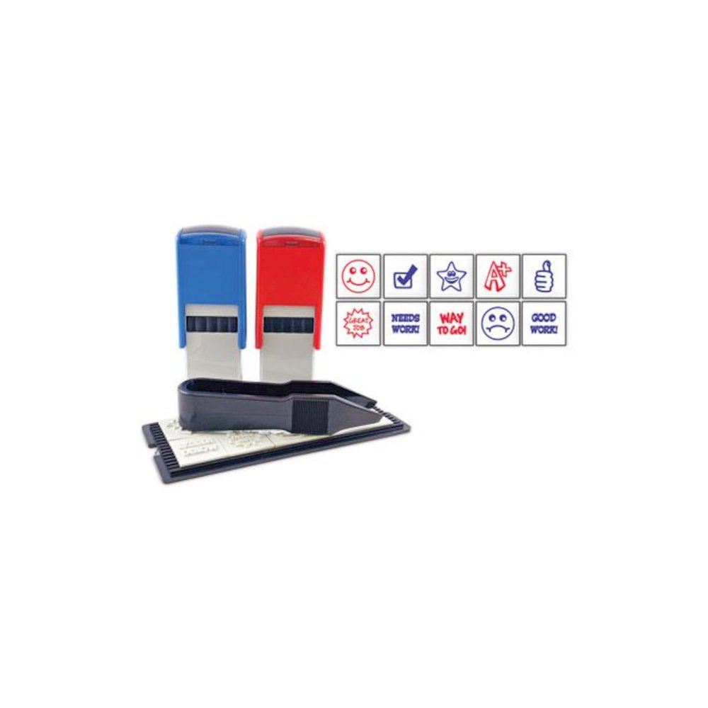 Printy 10-in-1 Self-Inking Teacher Stamp, Incudes 10 Dies, 0.63" Diameter, Blue/Red. Picture 1