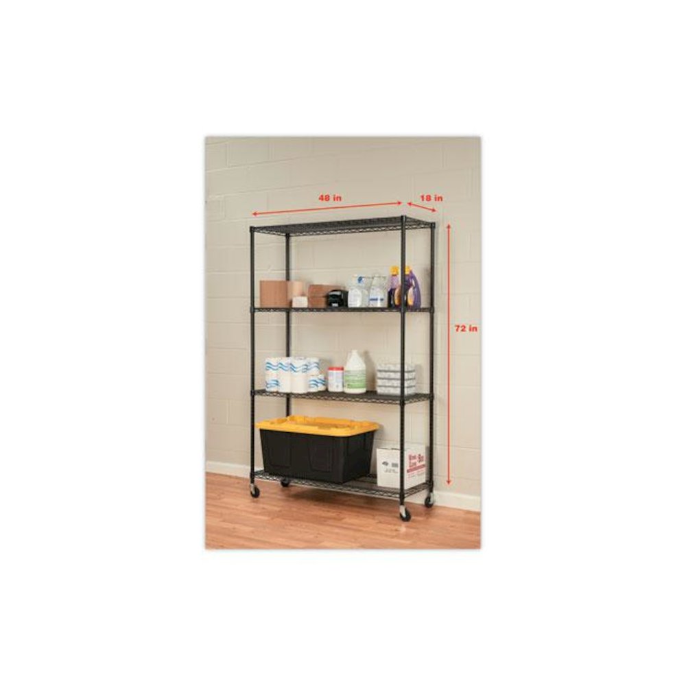 NSF Certified 4-Shelf Wire Shelving Kit with Casters, 48w x 18d x 72h, Black. Picture 10