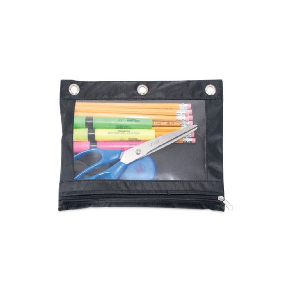 Binder Pencil Pouch, 3-Hole Punched, 10" x 7.38", Black/Clear, 3/Pack. Picture 2