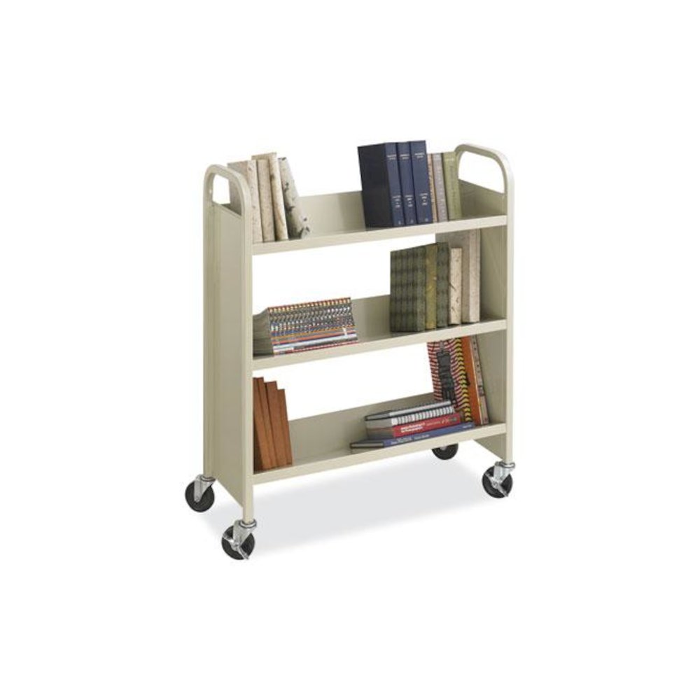 Steel Single-Sided Book Cart, Metal, 3 Shelves, 300 lb Capacity, 36" x 14.5" x 43.5", Sand. Picture 2