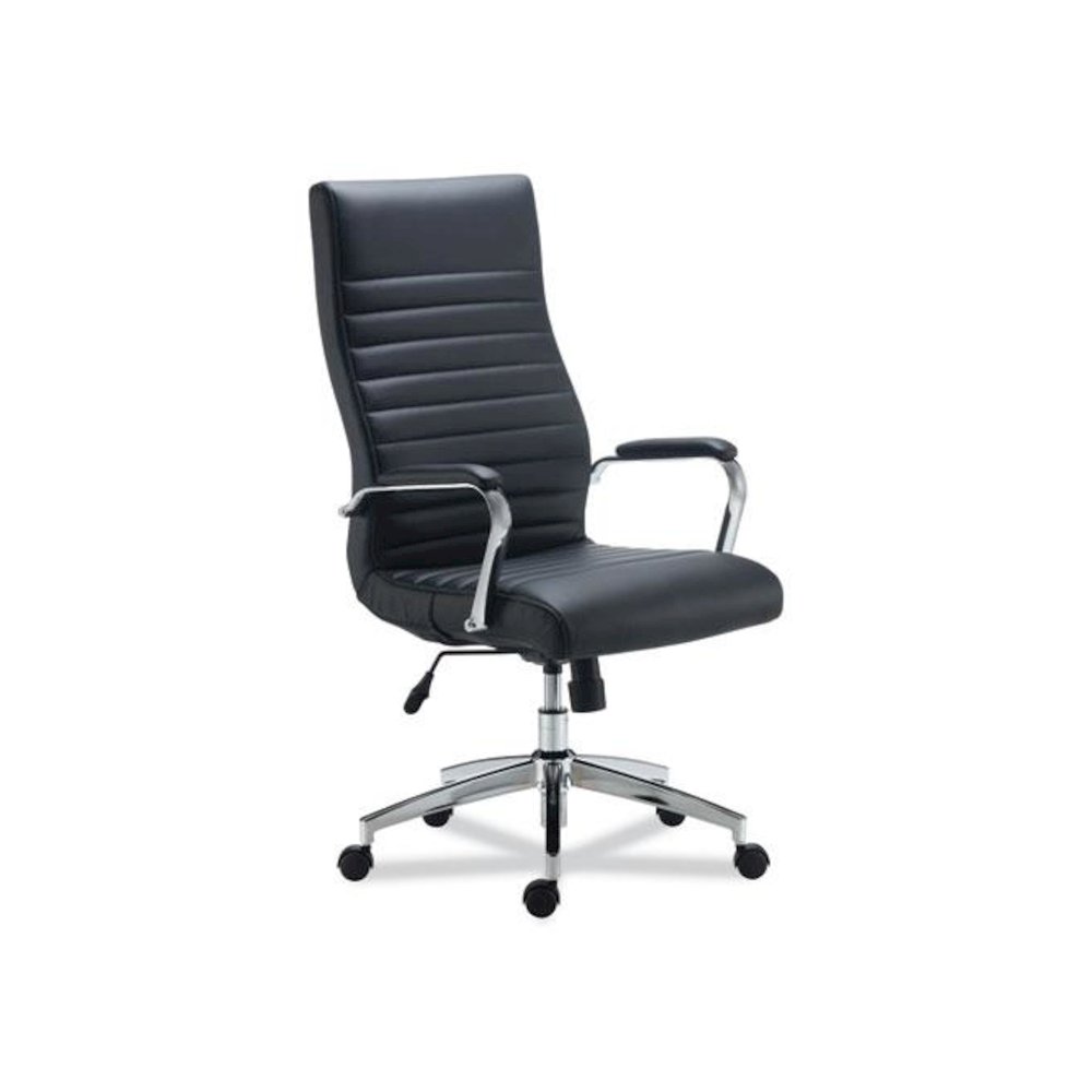 Alera Eddleston Leather Manager Chair, Supports Up to 275 lb, Black Seat/Back, Chrome Base. Picture 1
