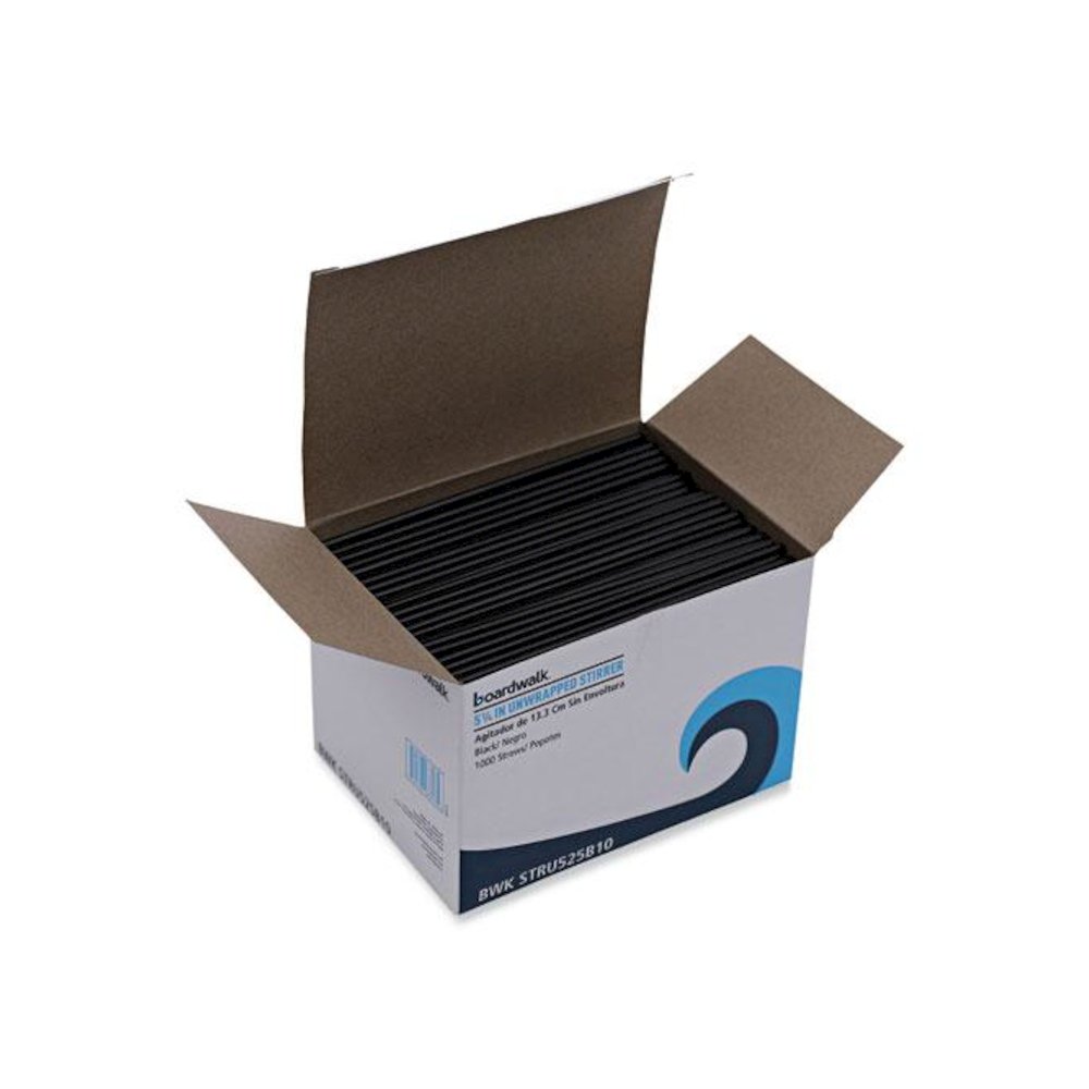 Single-Tube Stir-Straws, 5.25", Polypropylene, Black, 1,000/Pack, 10 Packs/Carton. Picture 1