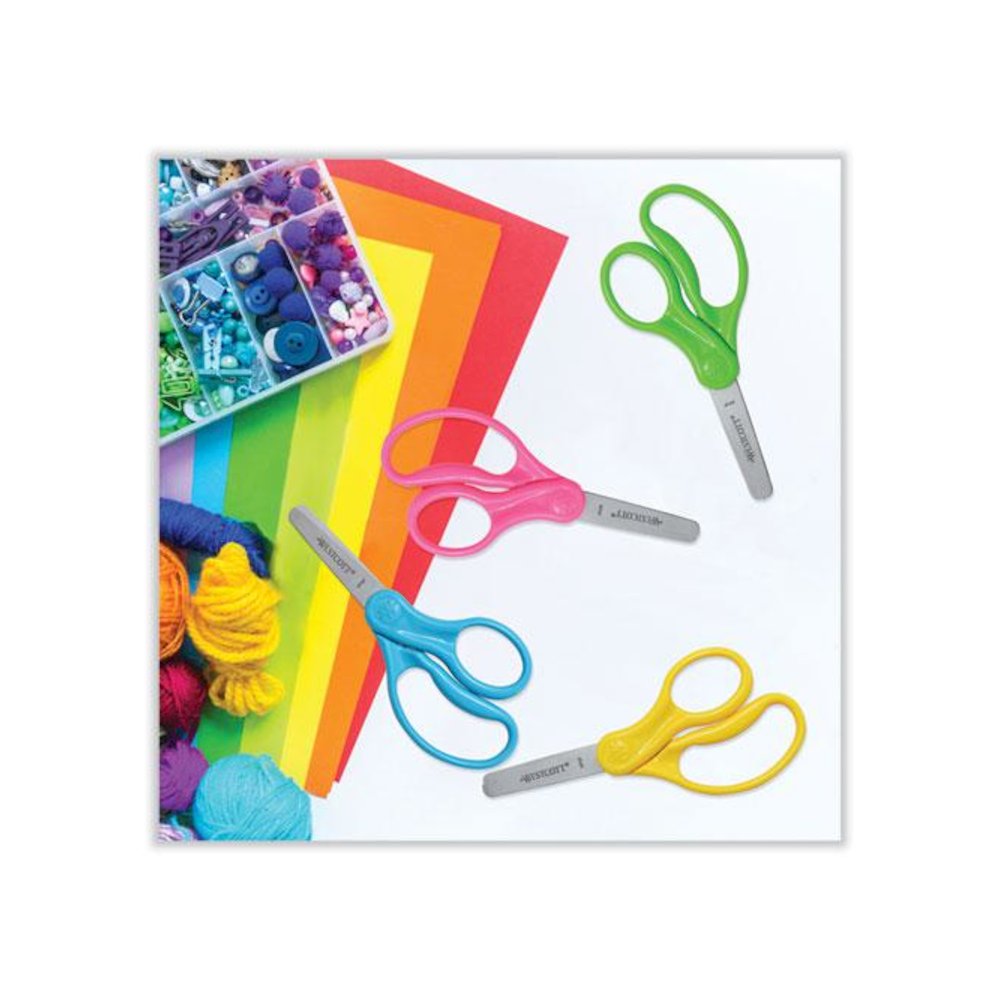 For Kids Scissors Teacher's Pack, Rounded Tip, 5" Long, 1.75" Cut Length, Straight Assorted Color Handles, 12/Pack. Picture 4