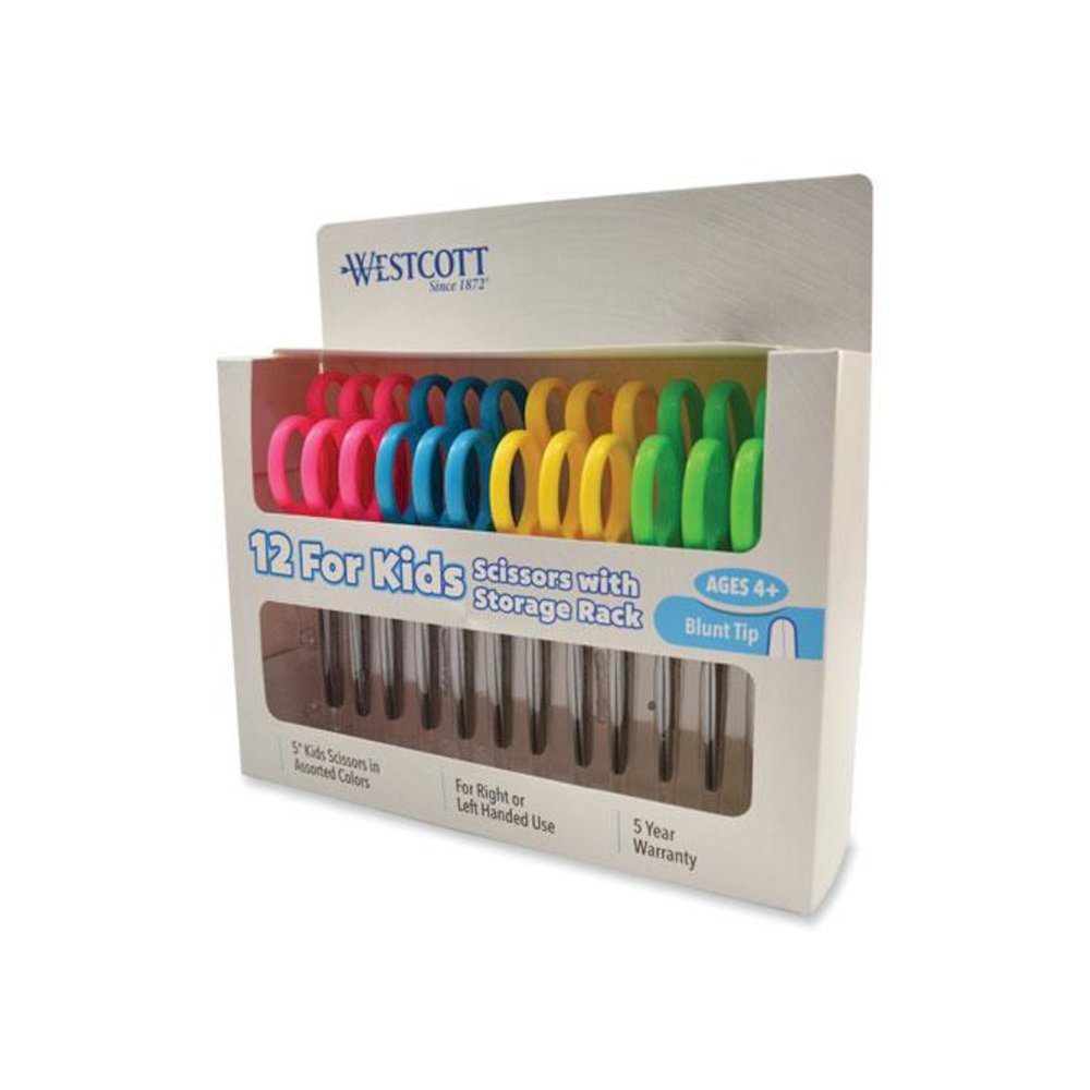 For Kids Scissors Teacher's Pack, Rounded Tip, 5" Long, 1.75" Cut Length, Straight Assorted Color Handles, 12/Pack. Picture 1