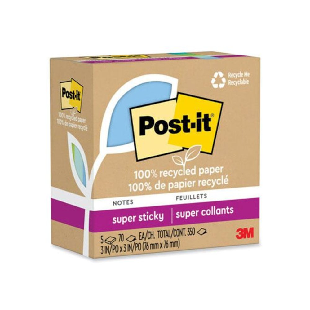 100% Recycled Paper Super Sticky Notes, 3" x 3", Oasis, 70 Sheets/Pad, 5 Pads/Pack. Picture 2