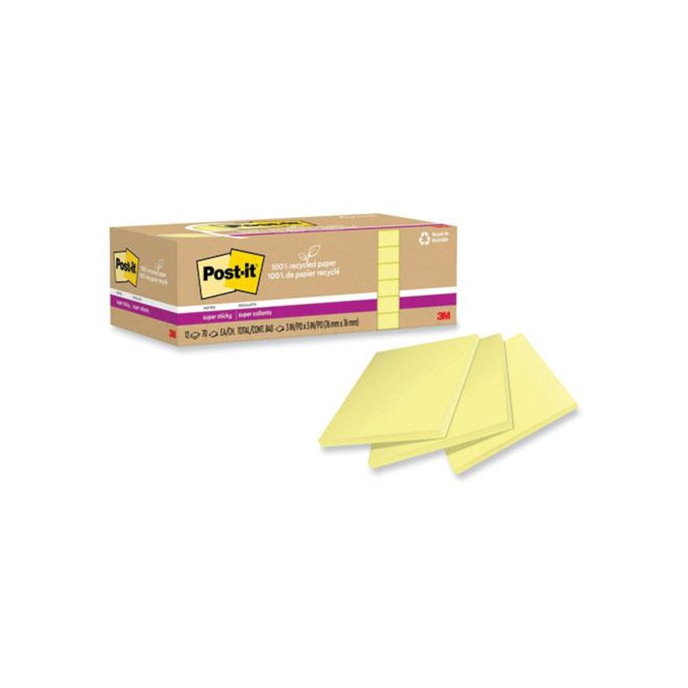 100% Recycled Paper Super Sticky Notes, 3" x 3", Canary Yelow, 70 Sheets/Pad, 12 Pads/Pack. Picture 1
