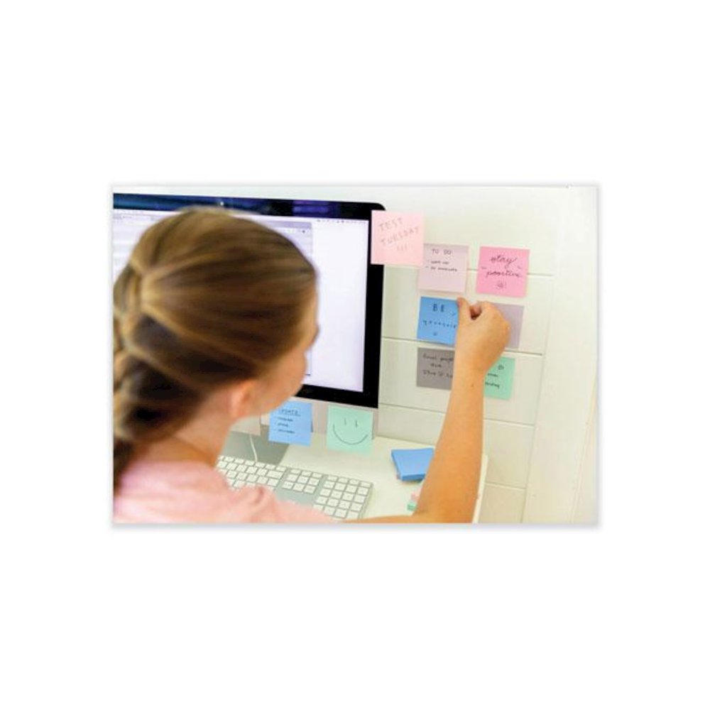 100% Recycled Paper Super Sticky Notes, 3" x 3", Wanderlust Pastels, 70 Sheets/Pad, 5 Pads/Pack. Picture 3