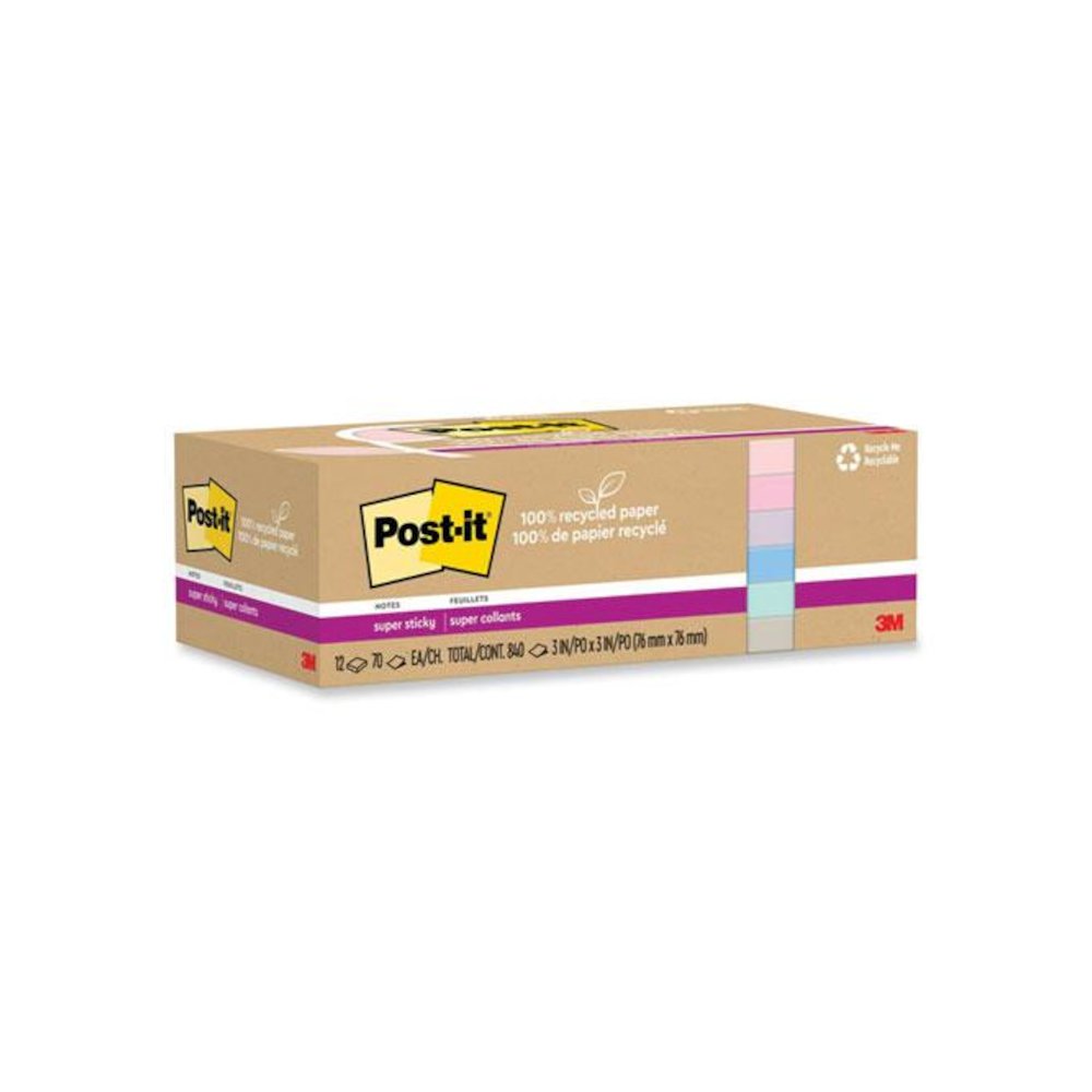 100% Recycled Paper Super Sticky Notes, 3" x 3", Wanderlust Pastels, 70 Sheets/Pad, 12 Pads/Pack. Picture 2
