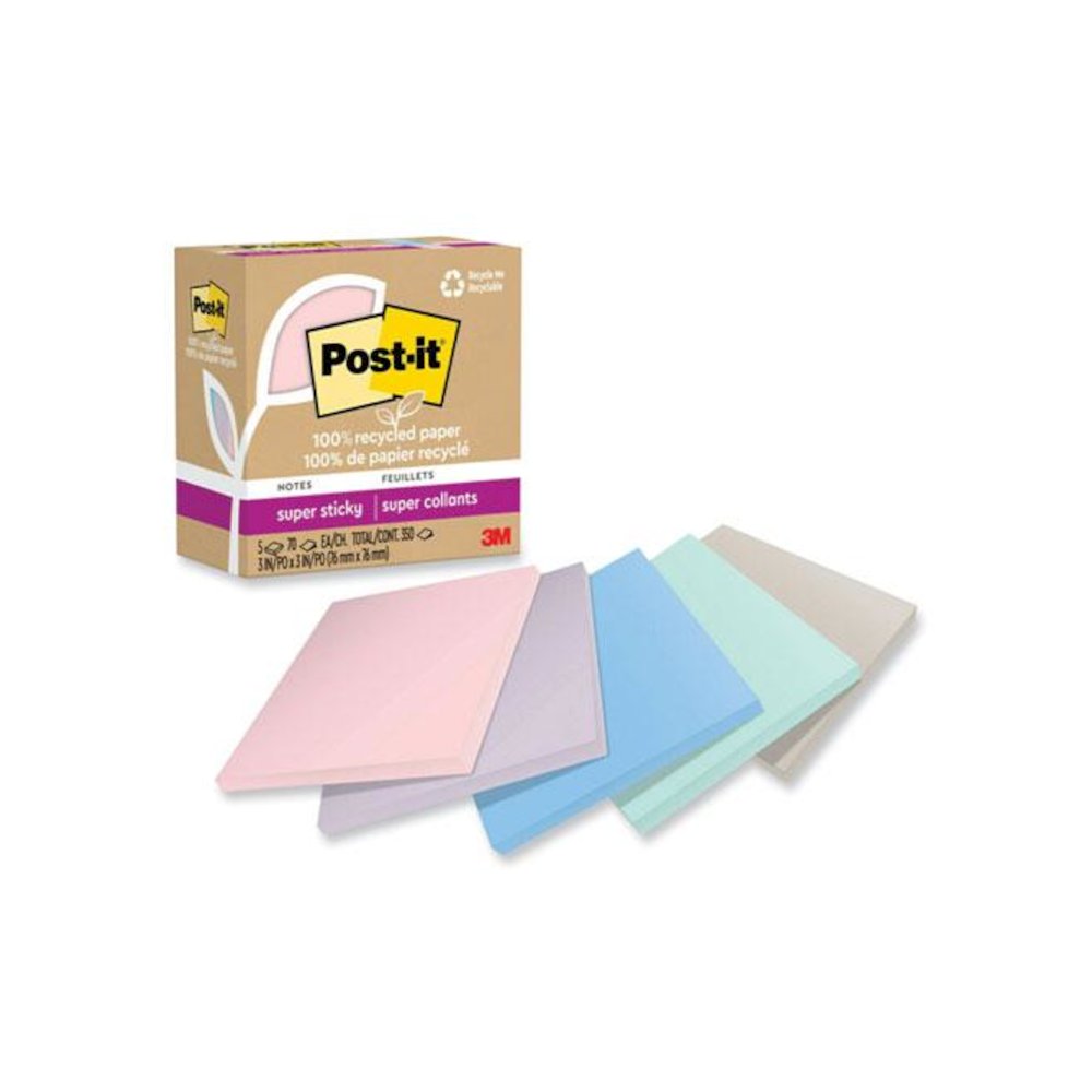 100% Recycled Paper Super Sticky Notes, 3" x 3", Wanderlust Pastels, 70 Sheets/Pad, 5 Pads/Pack. Picture 1
