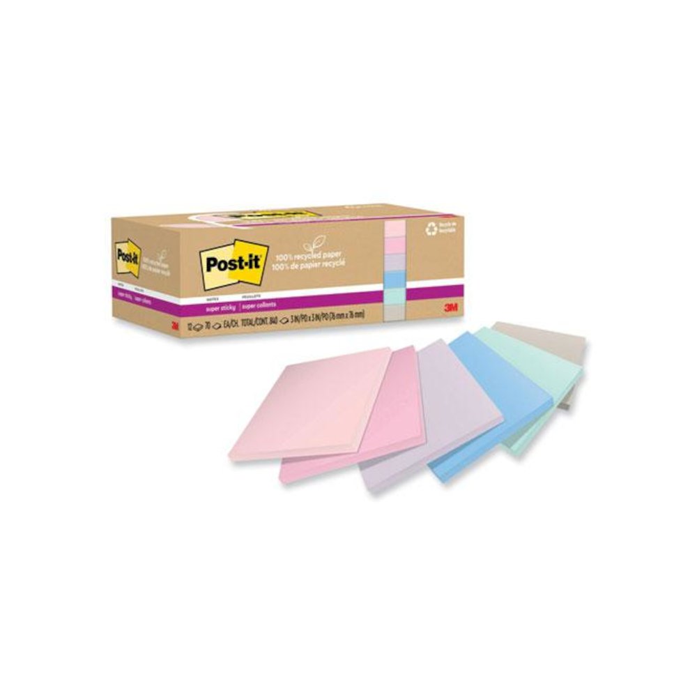 100% Recycled Paper Super Sticky Notes, 3" x 3", Wanderlust Pastels, 70 Sheets/Pad, 12 Pads/Pack. Picture 1