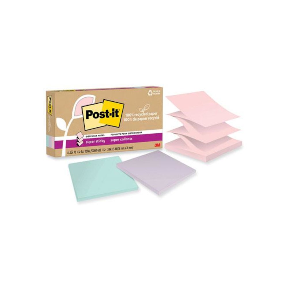 100% Recycled Paper Super Sticky Notes, 3" x 3", Wanderlust Pastels, 70 Sheets/Pad, 6 Pads/Pack. Picture 1