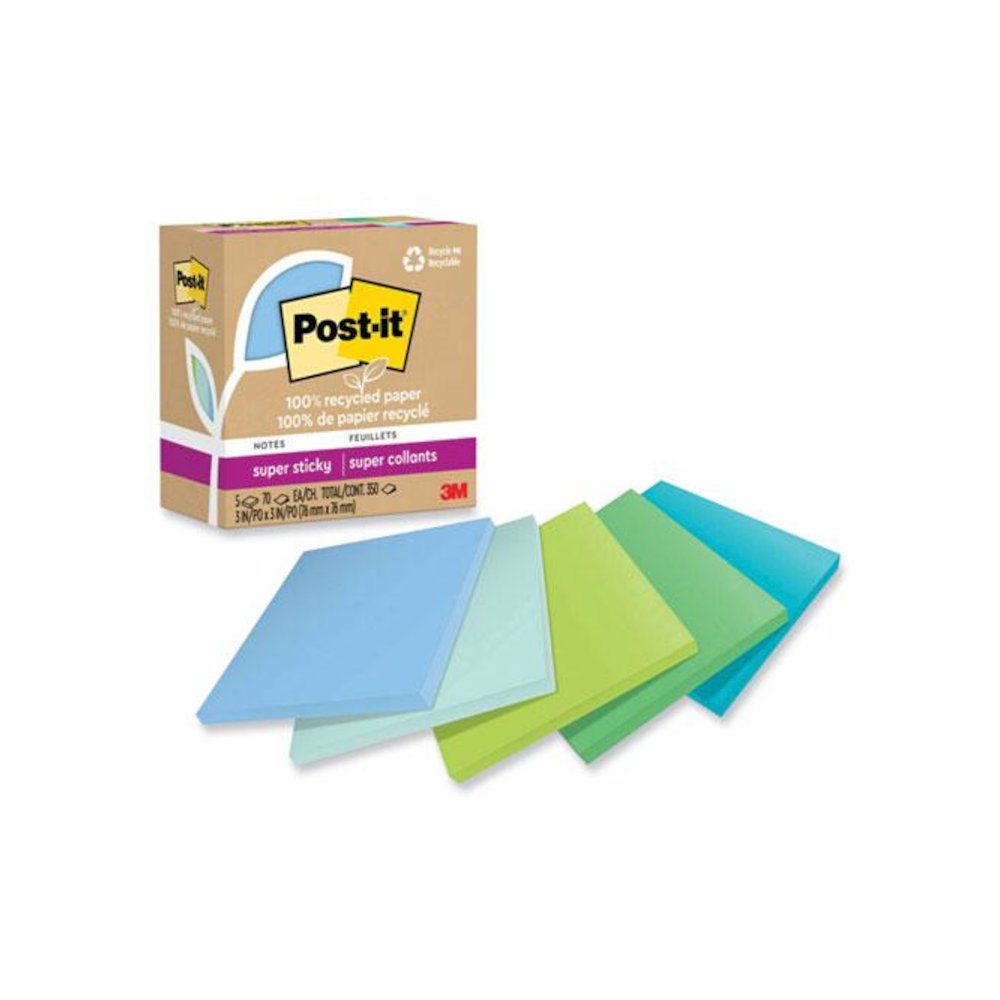 100% Recycled Paper Super Sticky Notes, 3" x 3", Oasis, 70 Sheets/Pad, 5 Pads/Pack. Picture 1