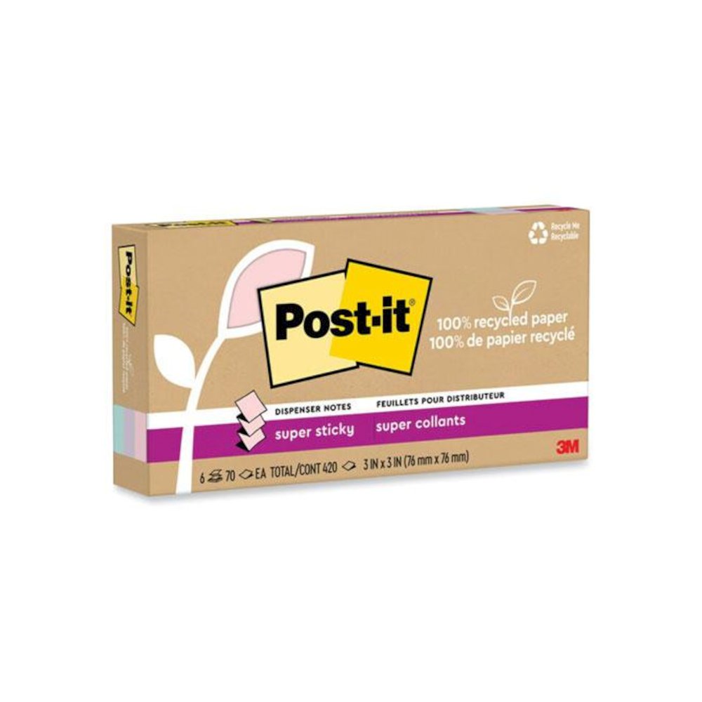 100% Recycled Paper Super Sticky Notes, 3" x 3", Wanderlust Pastels, 70 Sheets/Pad, 6 Pads/Pack. Picture 2
