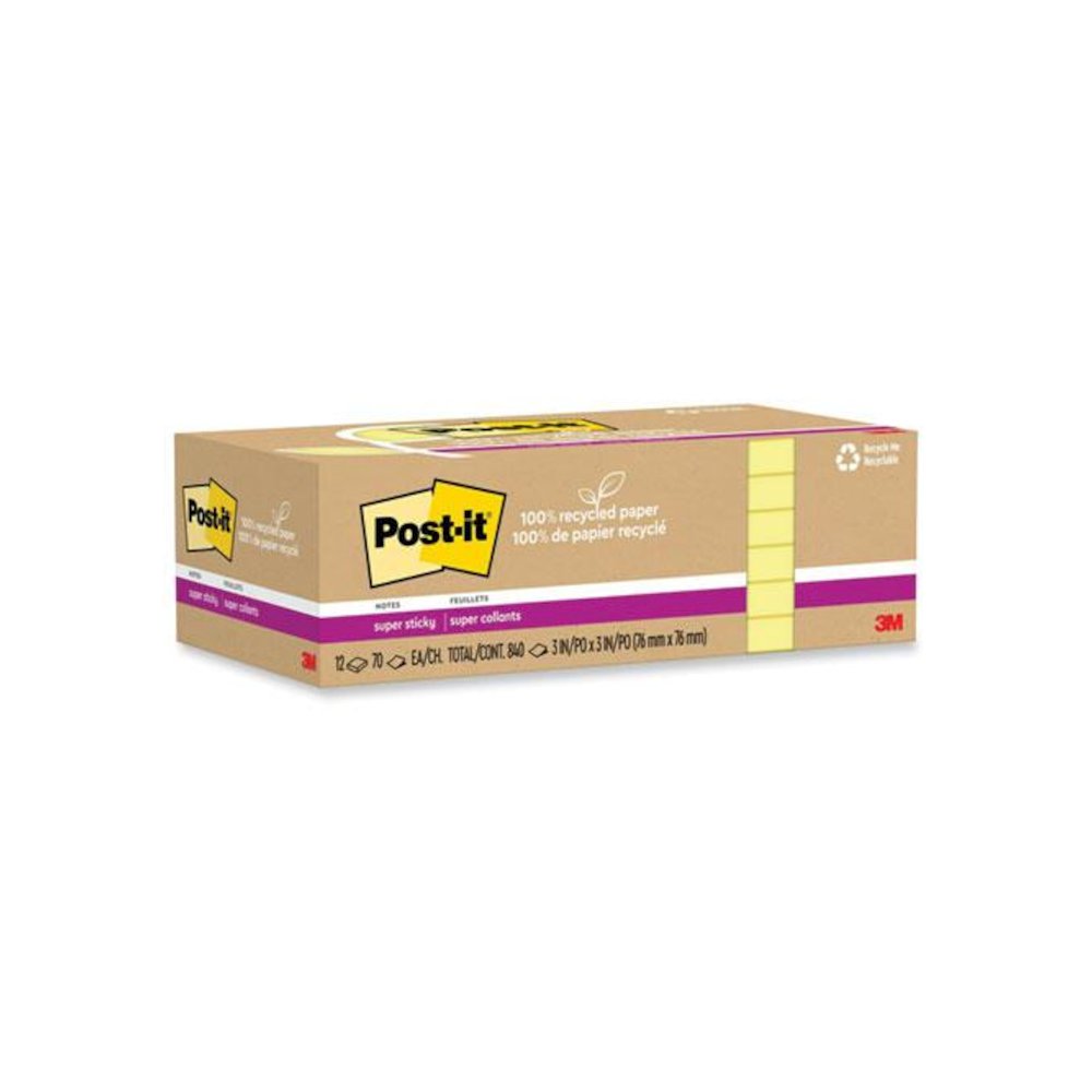 100% Recycled Paper Super Sticky Notes, 3" x 3", Canary Yelow, 70 Sheets/Pad, 12 Pads/Pack. Picture 2
