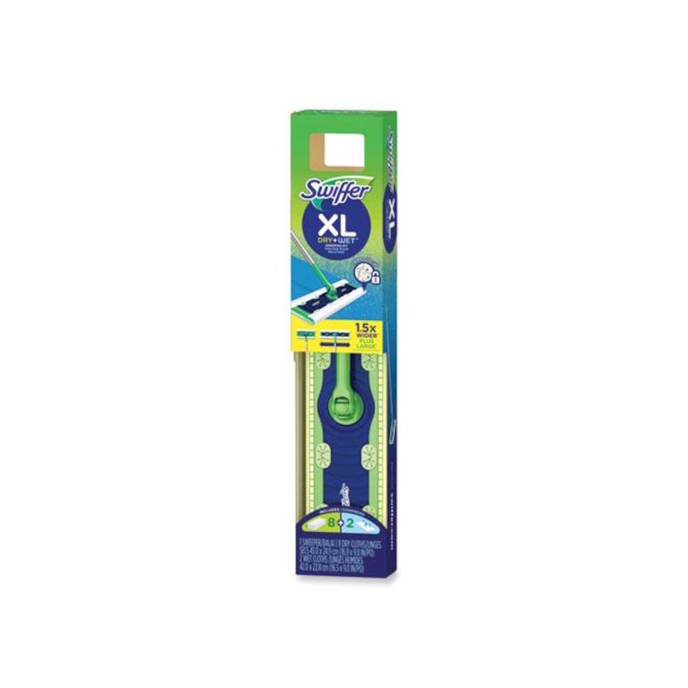 Sweeper Mop XL Dry + Wet Sweeping Kit, 16.5 x 9 White Cloth Head, 46" Green/Silver Aluminum/Plastic Handle. Picture 3