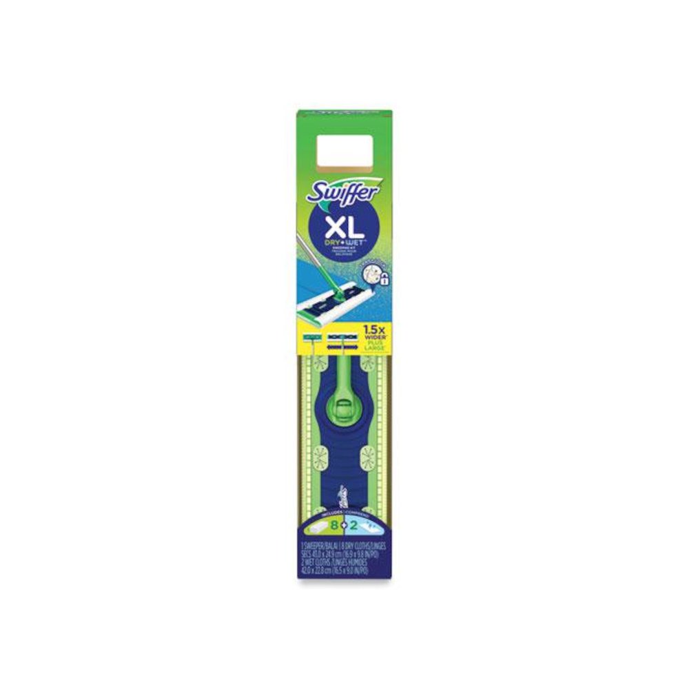 Sweeper Mop XL Dry + Wet Sweeping Kit, 16.5 x 9 White Cloth Head, 46" Green/Silver Aluminum/Plastic Handle. Picture 1