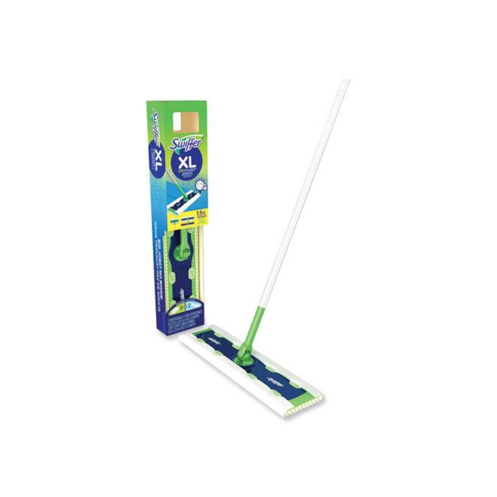 Sweeper Mop XL Dry + Wet Sweeping Kit, 16.5 x 9 White Cloth Head, 46" Green/Silver Aluminum/Plastic Handle. Picture 4
