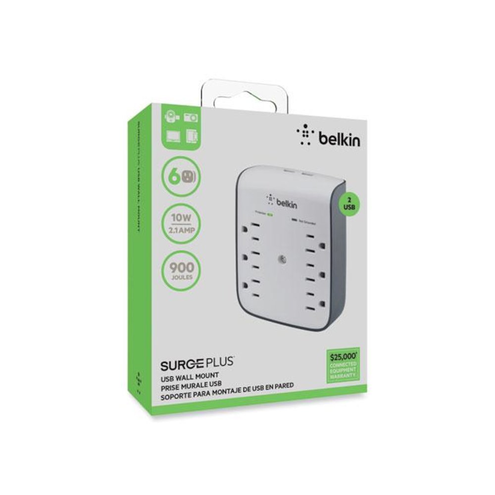 SurgePlus USB Wall Mount Charger, 6 AC Outlets/2 USB Ports, 900 J, White/Black. Picture 4