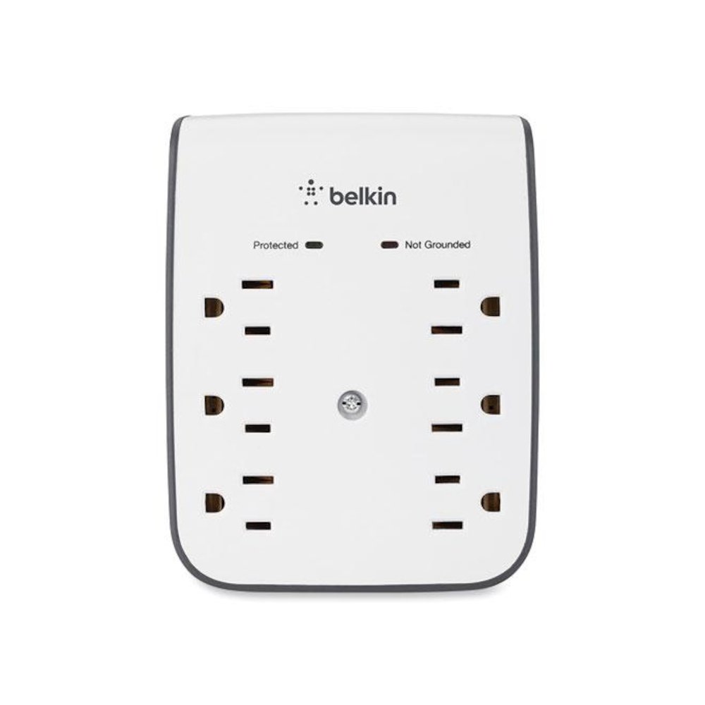 SurgePlus USB Wall Mount Charger, 6 AC Outlets/2 USB Ports, 900 J, White/Black. Picture 2