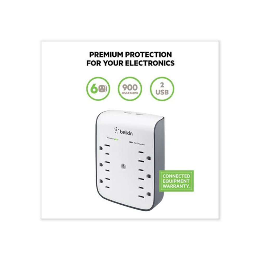 SurgePlus USB Wall Mount Charger, 6 AC Outlets/2 USB Ports, 900 J, White/Black. Picture 3