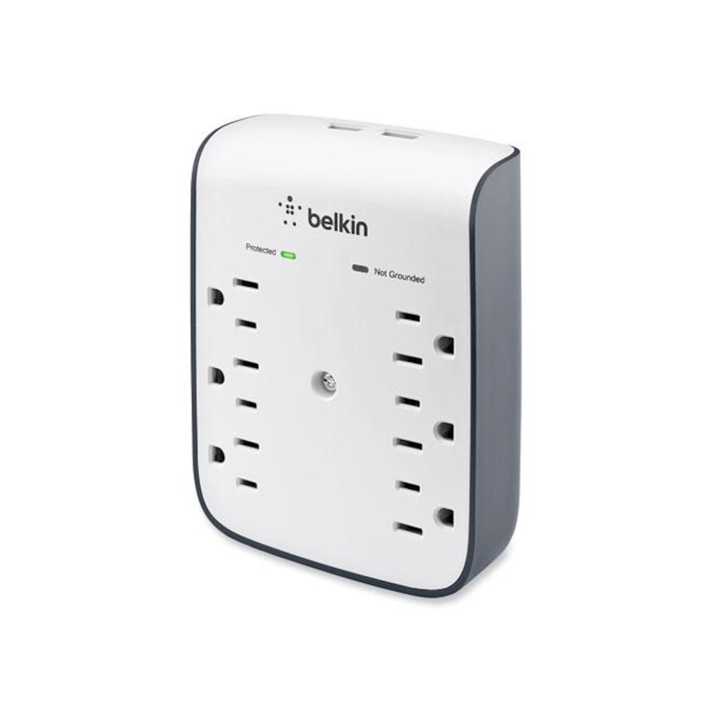 SurgePlus USB Wall Mount Charger, 6 AC Outlets/2 USB Ports, 900 J, White/Black. Picture 5