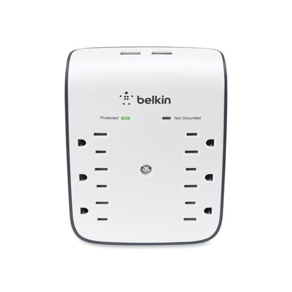 SurgePlus USB Wall Mount Charger, 6 AC Outlets/2 USB Ports, 900 J, White/Black. Picture 6