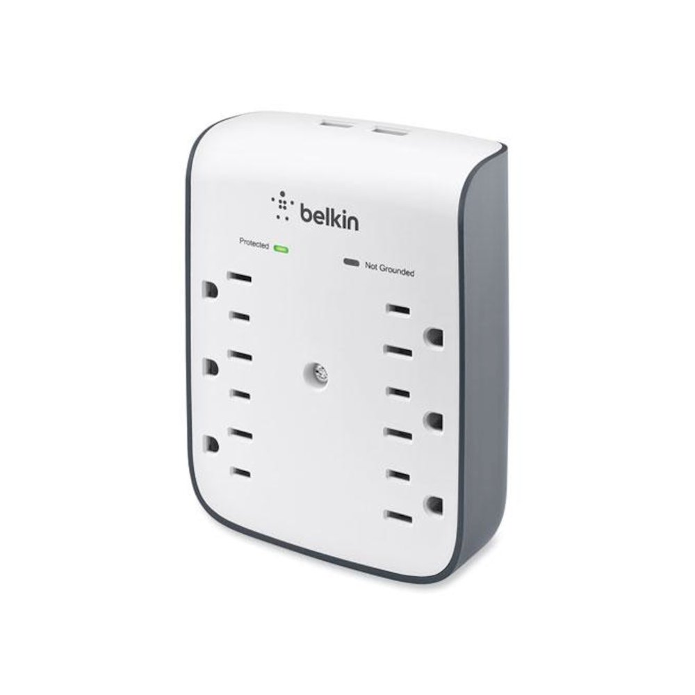 SurgePlus USB Wall Mount Charger, 6 AC Outlets/2 USB Ports, 900 J, White/Black. Picture 1