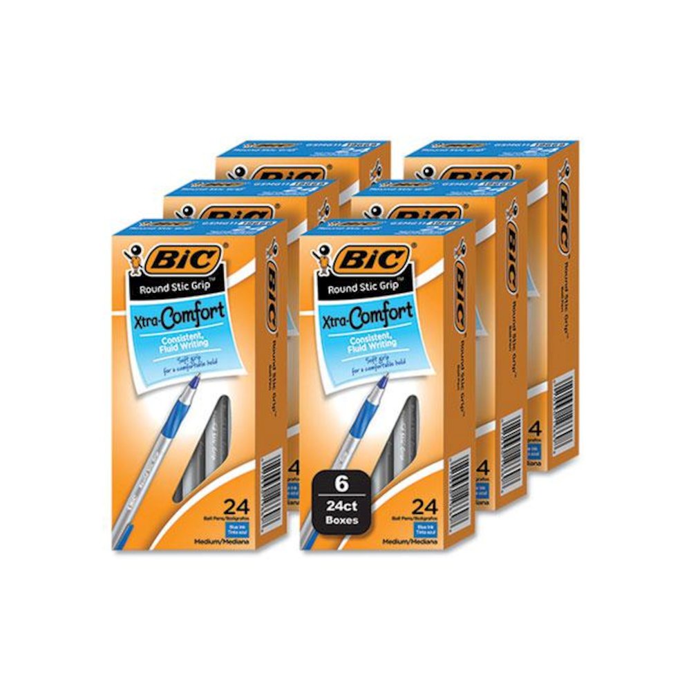 Round Stic Grip Xtra Comfort Ballpoint Pen, Stick, Medium 1 mm, Blue Ink, Gray/Blue Barrel, 144/Pack. Picture 1