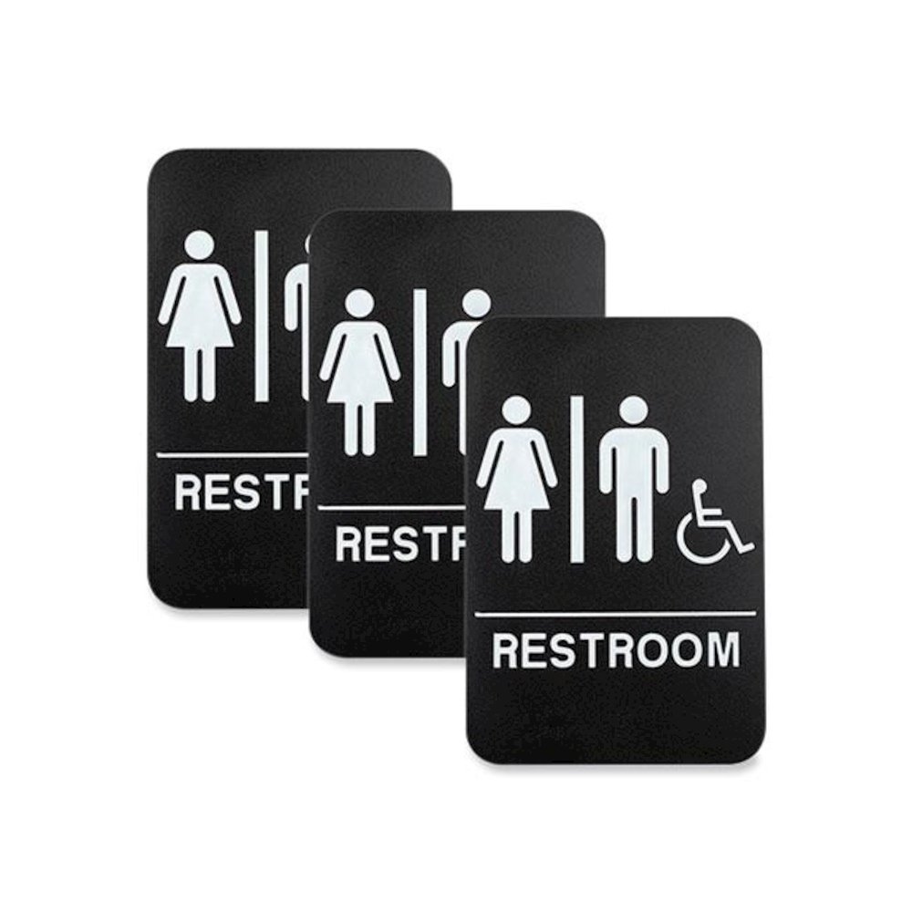 Indoor/Outdoor Restroom Sign with Braille Text and Wheelchair, 6" x 9", Black Face, White Graphics, 3/Pack. Picture 1