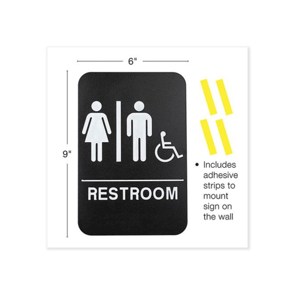 Indoor/Outdoor Restroom Sign with Braille Text and Wheelchair, 6" x 9", Black Face, White Graphics, 3/Pack. Picture 3