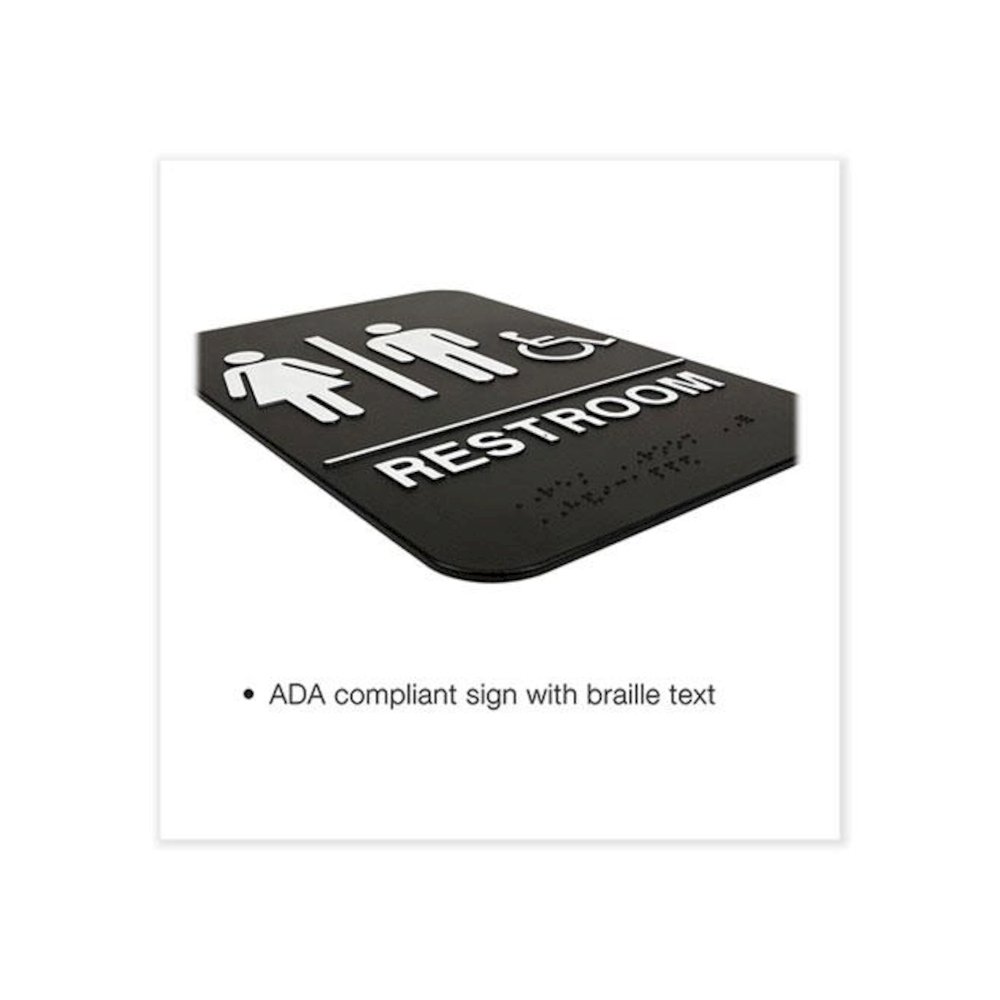Indoor/Outdoor Restroom Sign with Braille Text and Wheelchair, 6" x 9", Black Face, White Graphics, 3/Pack. Picture 2