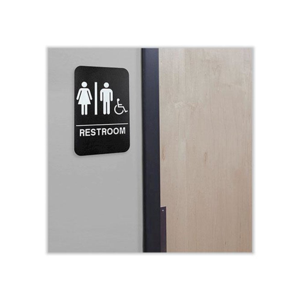 Indoor/Outdoor Restroom Sign with Braille Text and Wheelchair, 6" x 9", Black Face, White Graphics, 3/Pack. Picture 4
