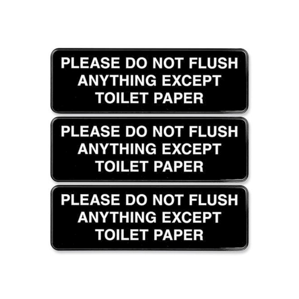 Please Do Not Flush Indoor/Outdoor Wall Sign, 9" x 3", Black Face, White Graphics, 3/Pack. Picture 1