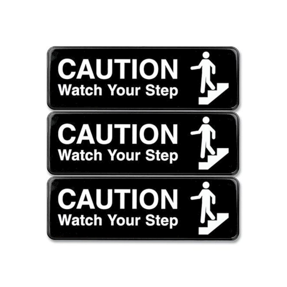 Caution Watch Your Step Indoor/Outdoor Wall Sign, 9" x 3", Black Face, White Graphics, 3/Pack. Picture 1