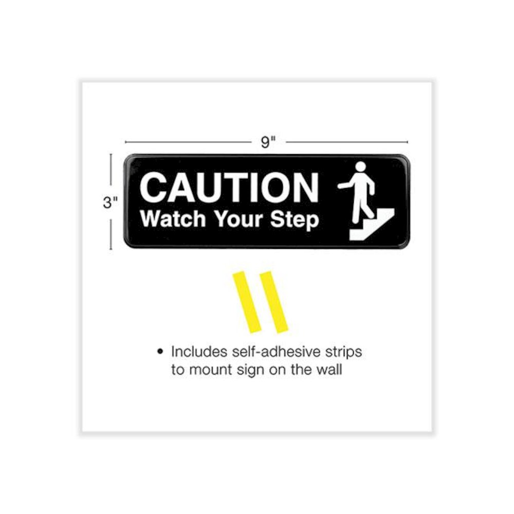 Caution Watch Your Step Indoor/Outdoor Wall Sign, 9" x 3", Black Face, White Graphics, 3/Pack. Picture 3