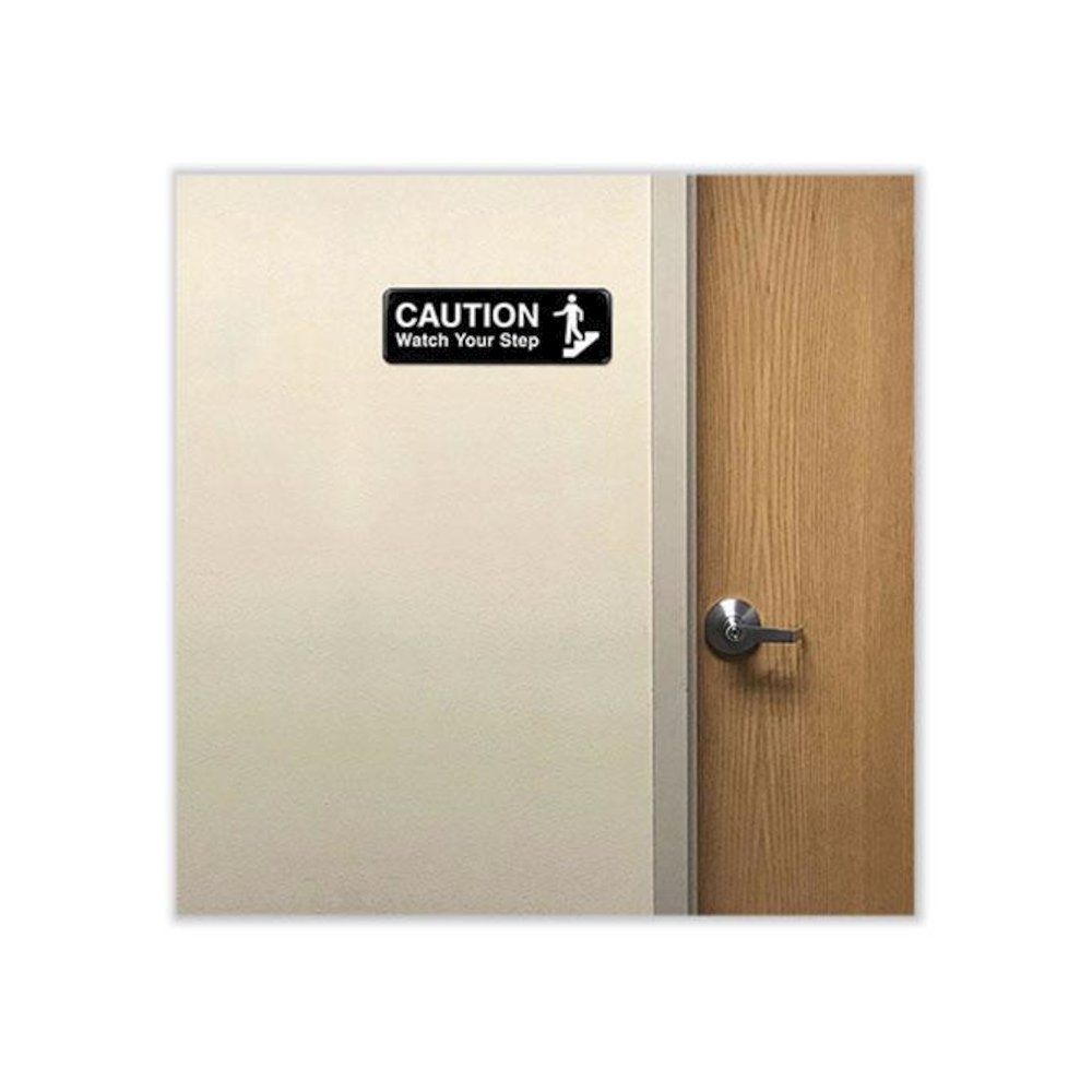 Caution Watch Your Step Indoor/Outdoor Wall Sign, 9" x 3", Black Face, White Graphics, 3/Pack. Picture 4