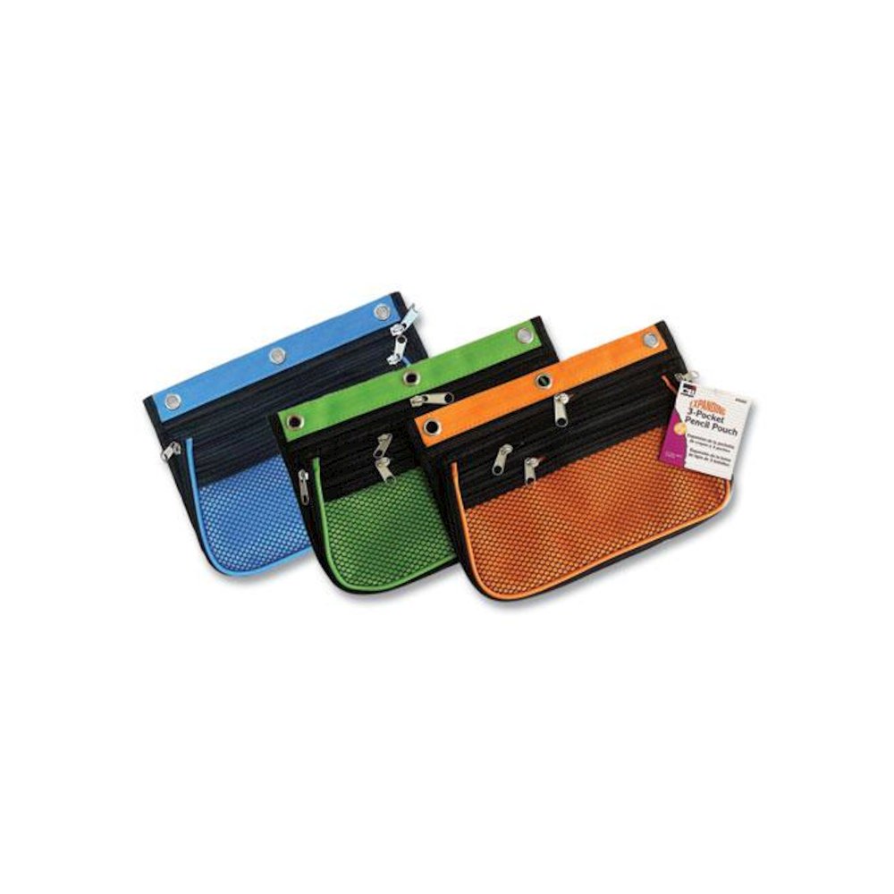 Three-Pocket Binder-Insertable Expandable Pencil Pouch, 3 Compartments, 3-Hole Punched, 10.25" x 7.5", Assorted, 3/Pack. Picture 1