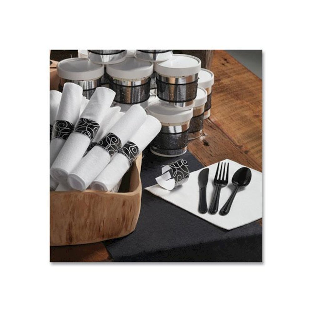 CaterWrap Heavyweight Cutlery Combo Kit, Fork/Knife/Napkin/Spoon, Plastic, Black, 100/Carton. Picture 4