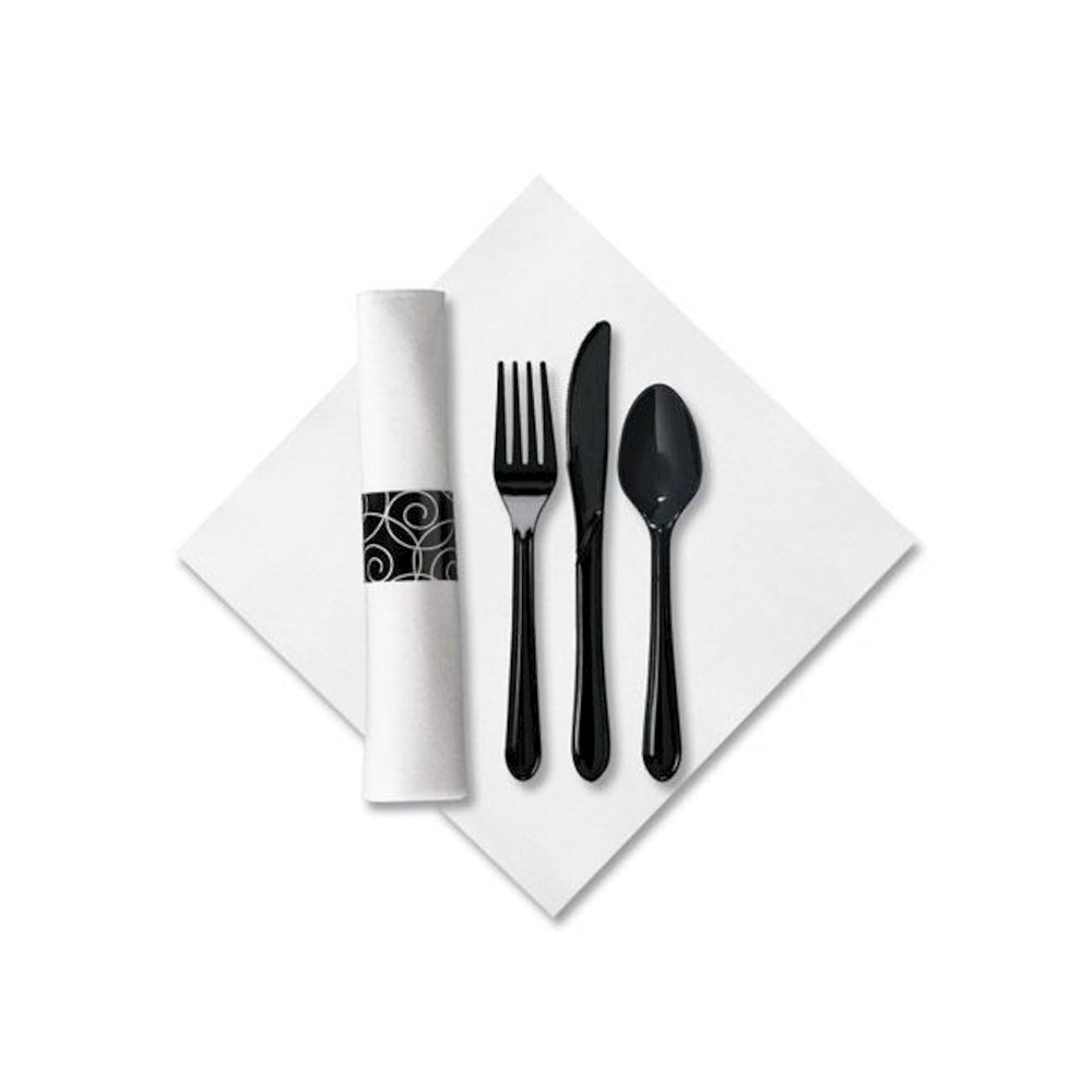 CaterWrap Heavyweight Cutlery Combo Kit, Fork/Knife/Napkin/Spoon, Plastic, Black, 100/Carton. Picture 1