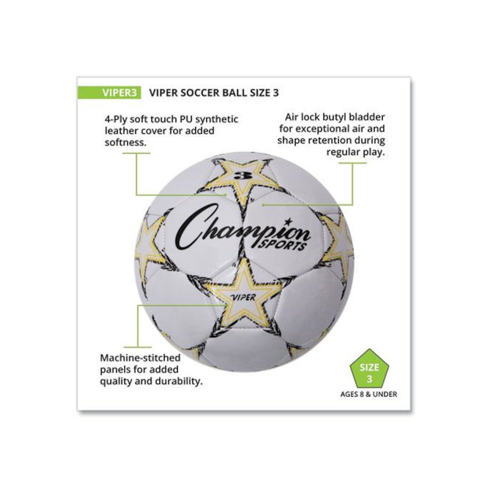 VIPER Soccer Ball, No. 3 Size, 7.25" to 7.5" Diameter, White. Picture 4
